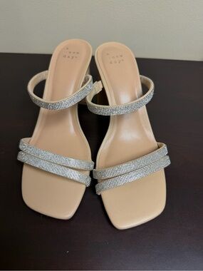 a new day Nude Rhinestone Triple-Strap Slide Heels